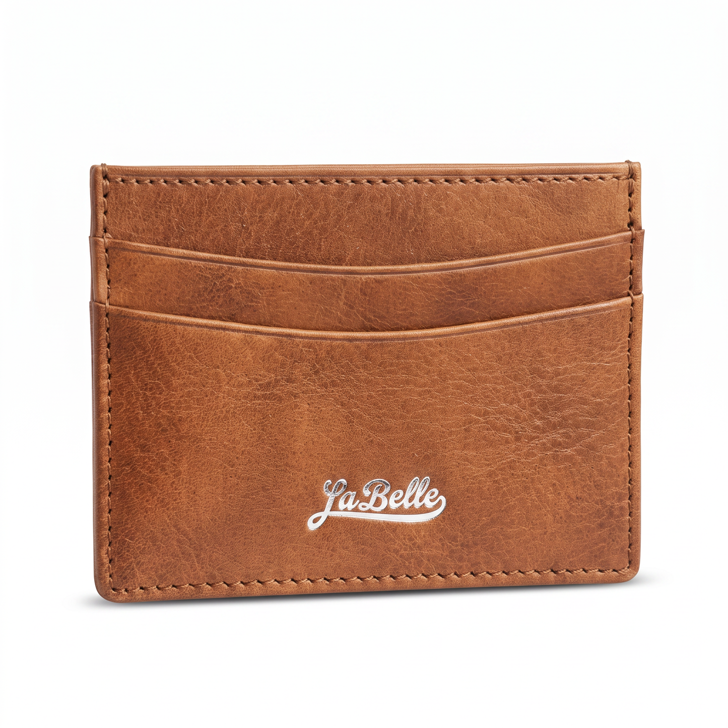 LaBelle tan leather cardholder with silver logo