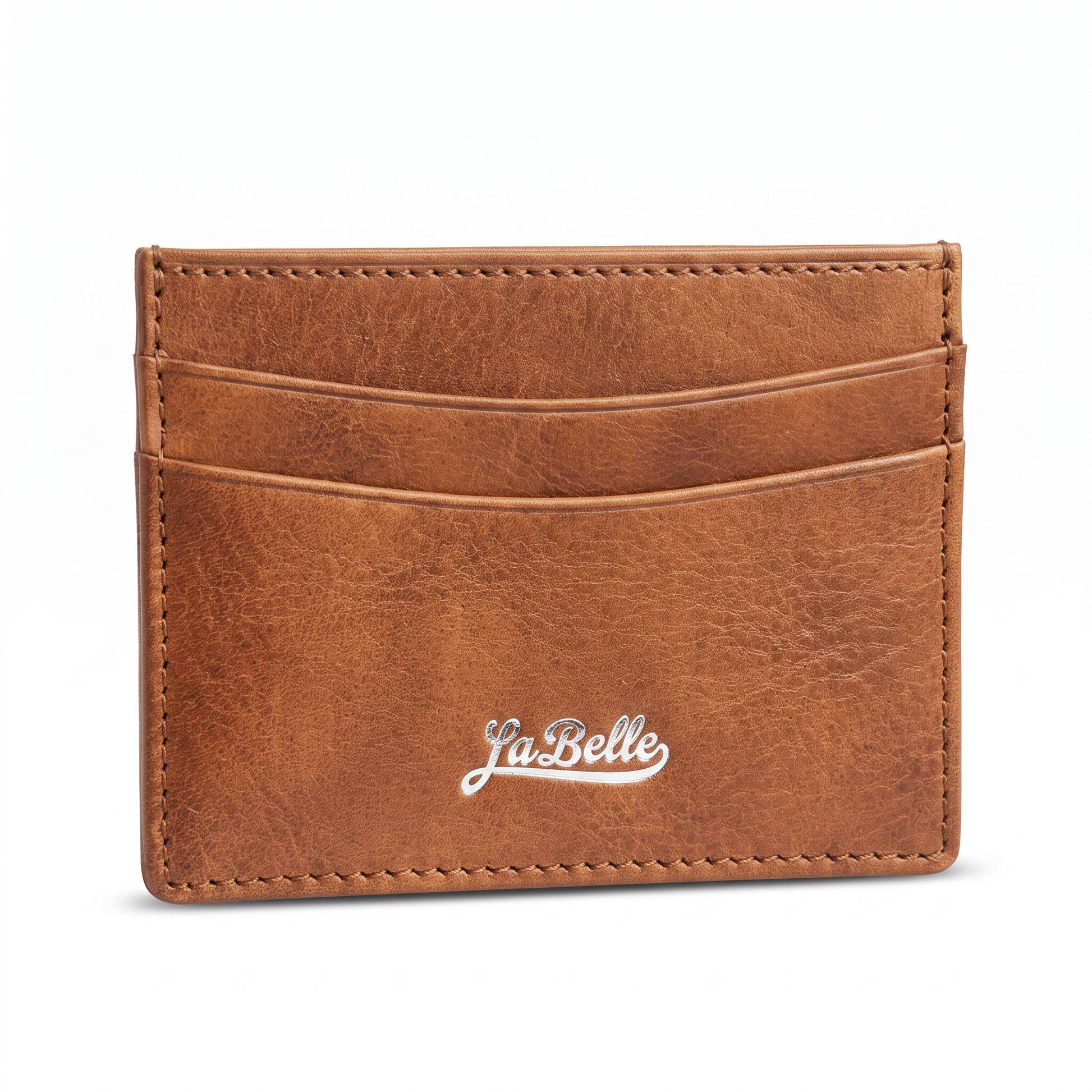 LaBelle tan leather cardholder with silver logo