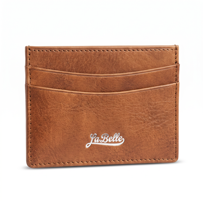 LaBelle tan leather cardholder with silver logo