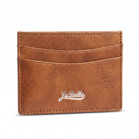 LaBelle tan leather cardholder with silver logo