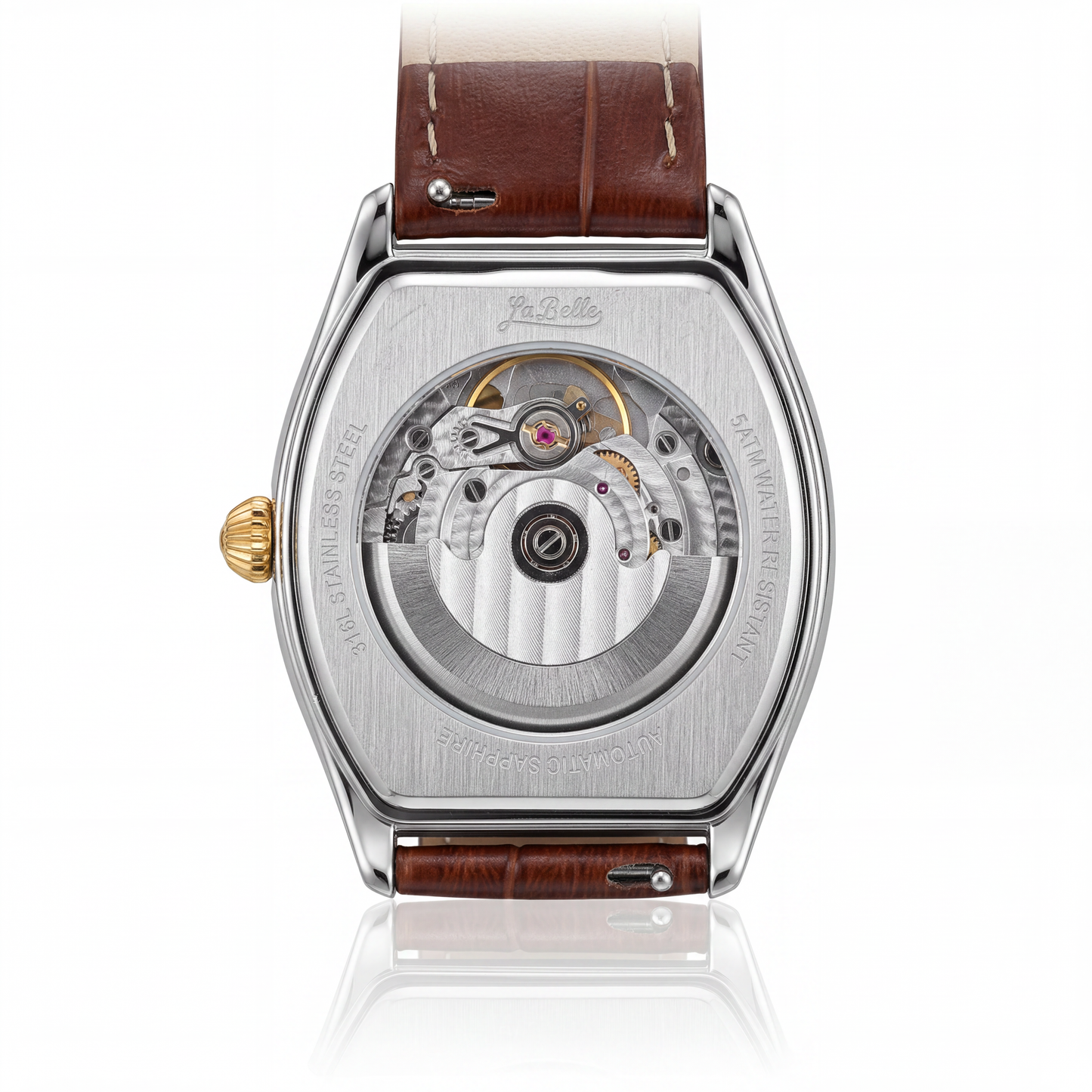 LaBelle Tonneau sapphire exhibition caseback showing automatic movement